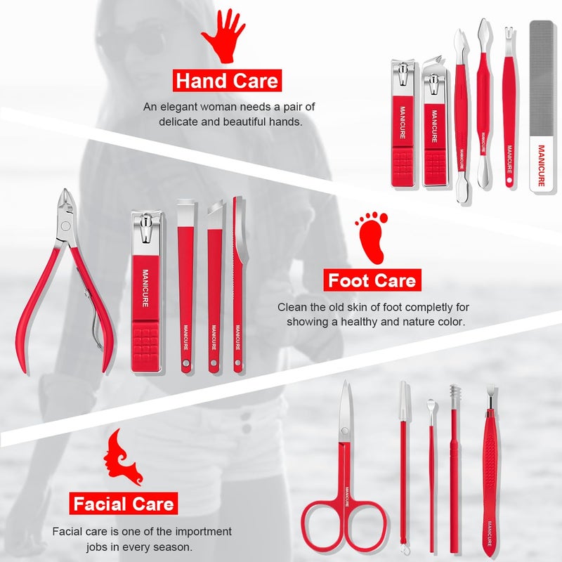 Leipple Manicure Set Professional Nail Clippers Pedicure Kit, 16 pcs Stainless Steel Nail Care Tools Grooming Kit with Luxurious Travel Leather Case for Thick Nails Men Women Gift (Red) - Image 2